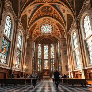 A beautiful chapel interior with vibrant stained glass, symbolizing hope and unity.