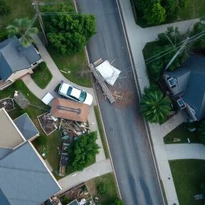 Destruction in St. Louis after a tornado, with damaged buildings and scattered debris.