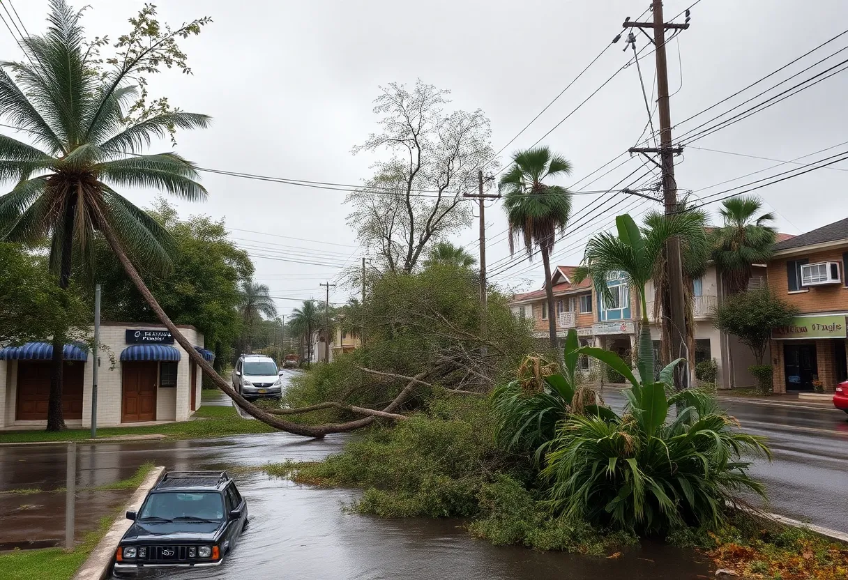 Devastation in Austin caused by severe storms with uprooted trees and flooded streets.