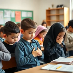 Students in a classroom participating in a prayer period
