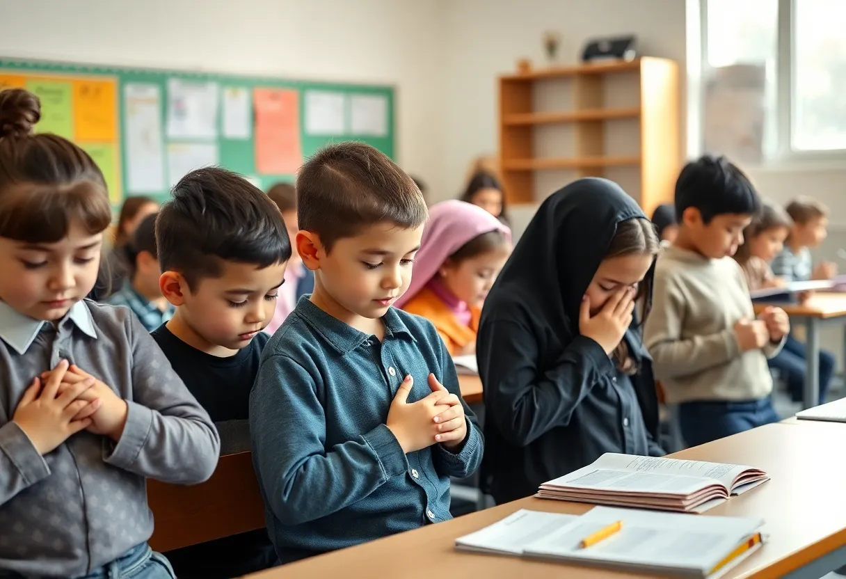 Students in a classroom participating in a prayer period