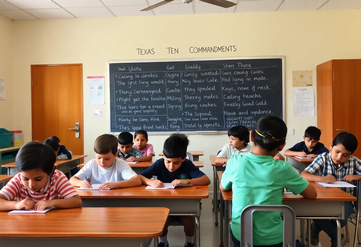 Classroom with Ten Commandments poster displayed