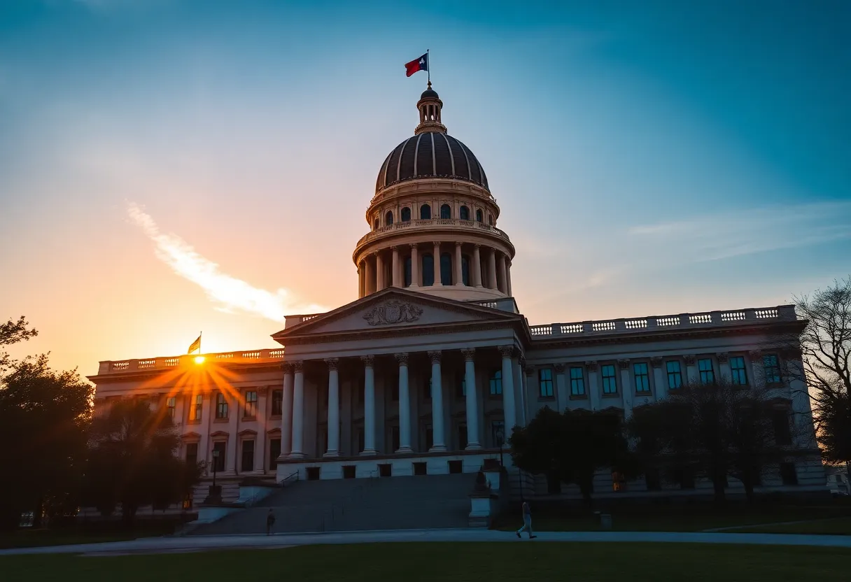 Texas Capitol building with sunset in the background