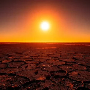 A desolate Texas landscape under the extreme heat, highlighting the dry and cracked earth.
