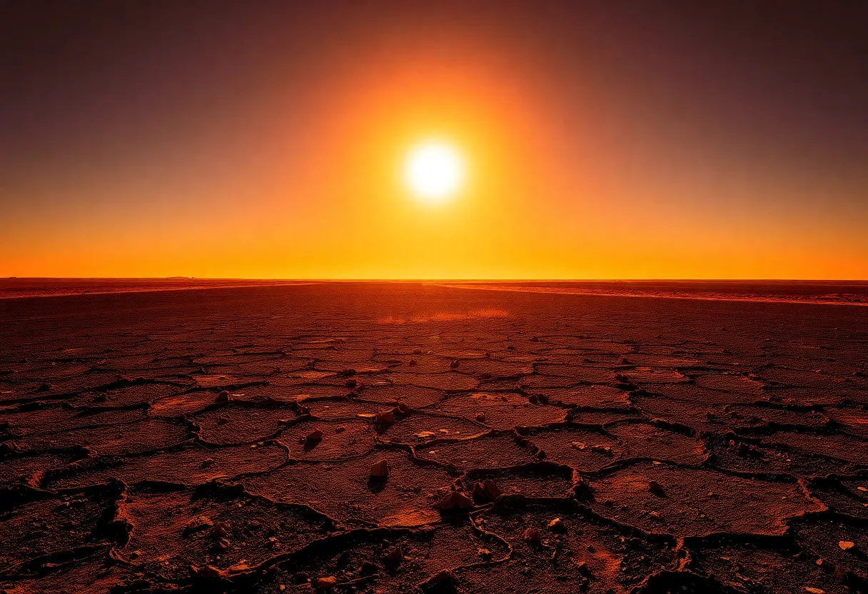 A desolate Texas landscape under the extreme heat, highlighting the dry and cracked earth.