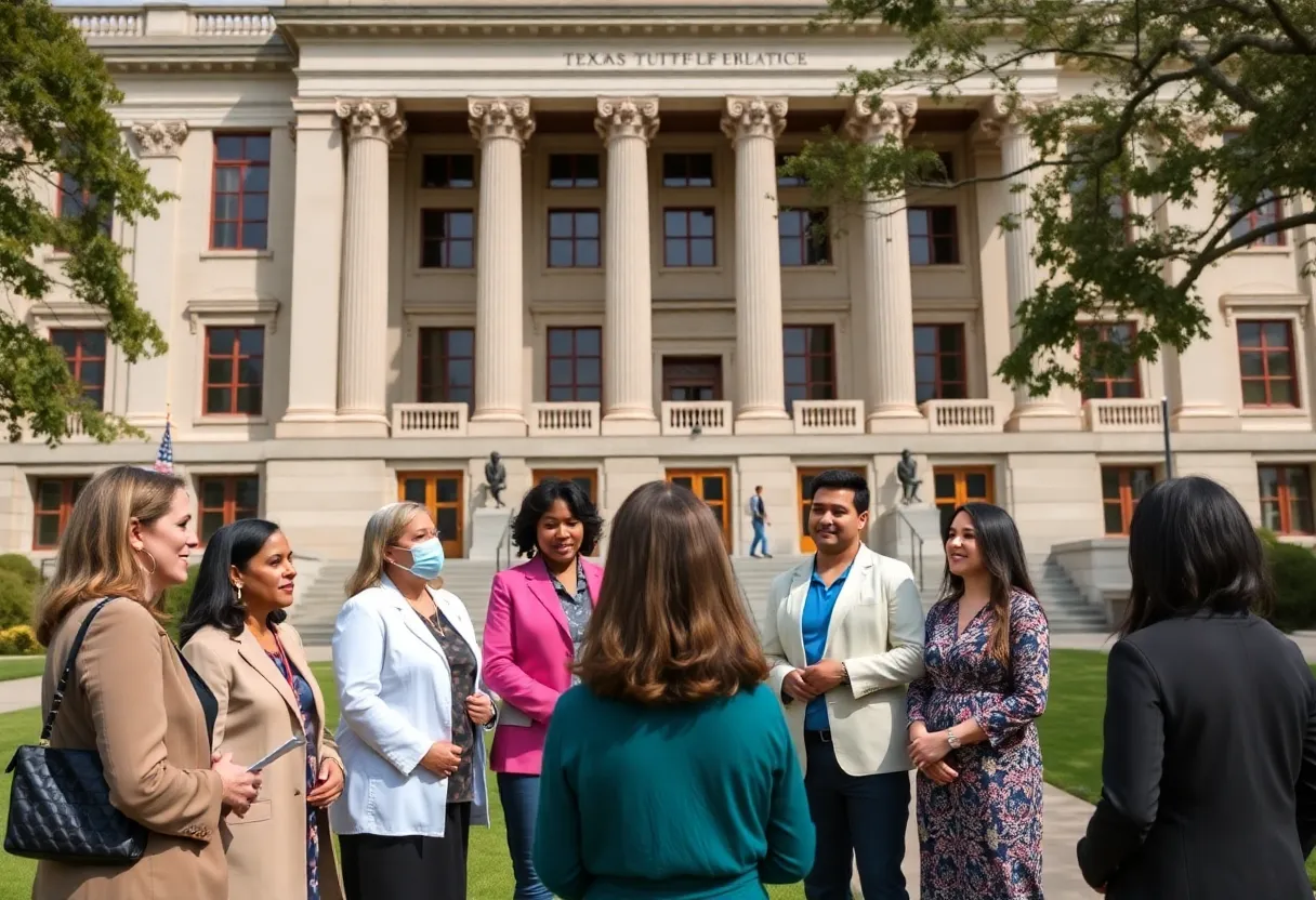 Texas legislative building with healthcare professionals