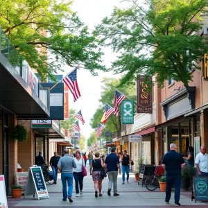 A lively street view of various local businesses in Texas with people enjoying the atmosphere.