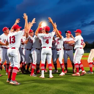 Texas Longhorns baseball team celebrates victory on the field