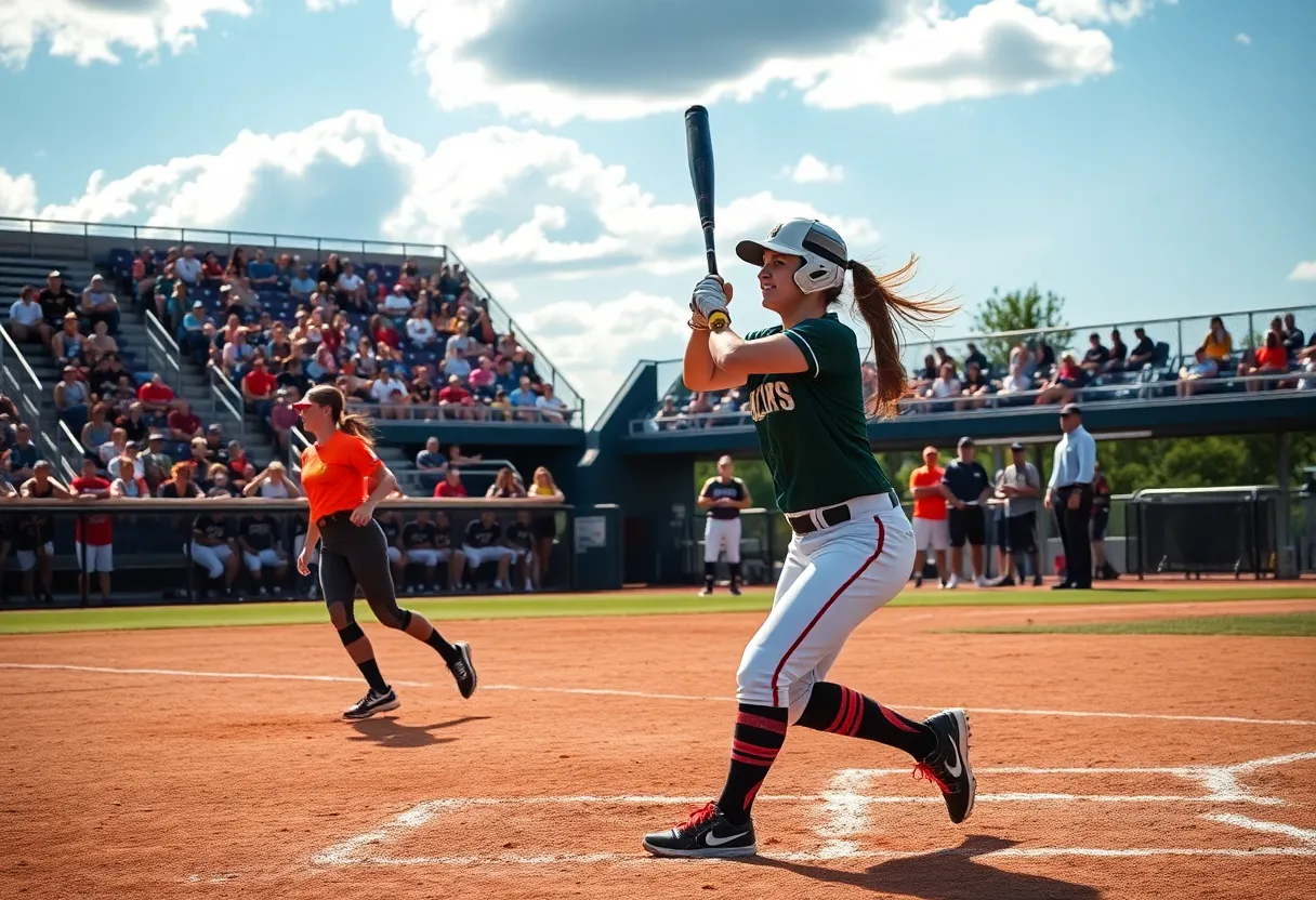 Texas Longhorns softball players in action during a game.