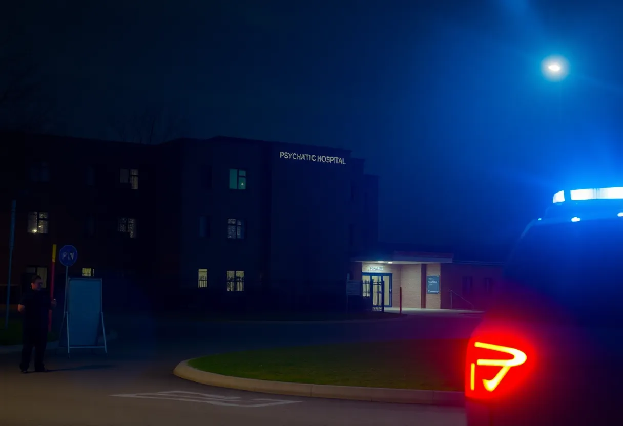 Police lights illuminating a psychiatric hospital at night