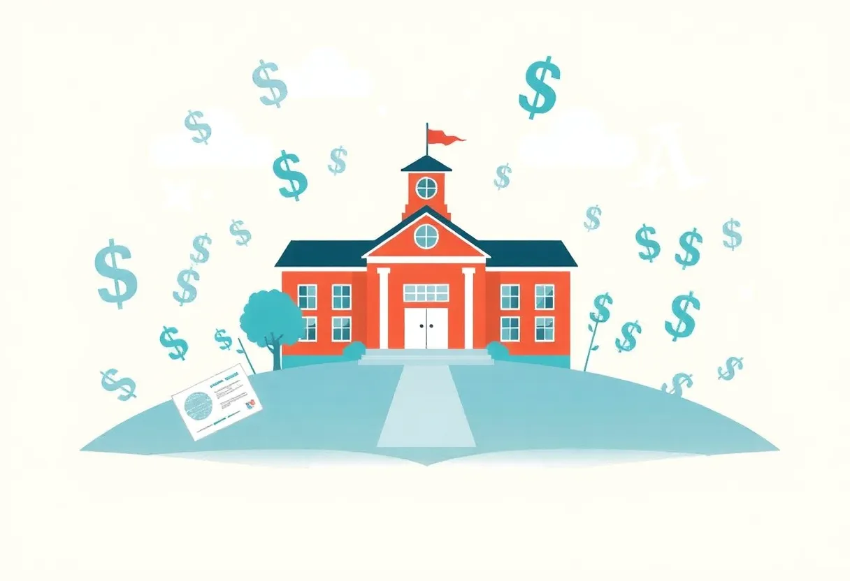 Illustration of a school building with financial symbols representing Texas school funding issues.