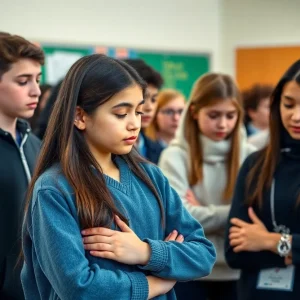 Students observing a moment of silence in a school