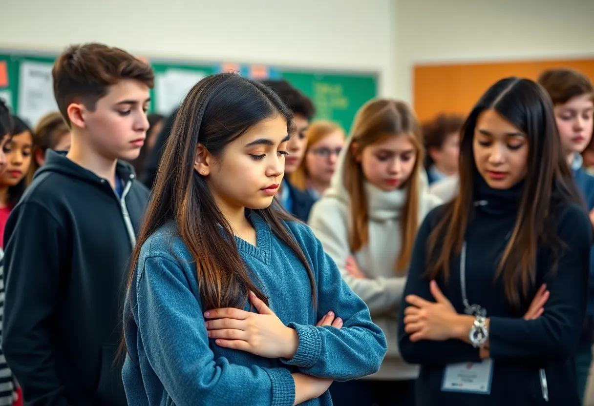 Students observing a moment of silence in a school