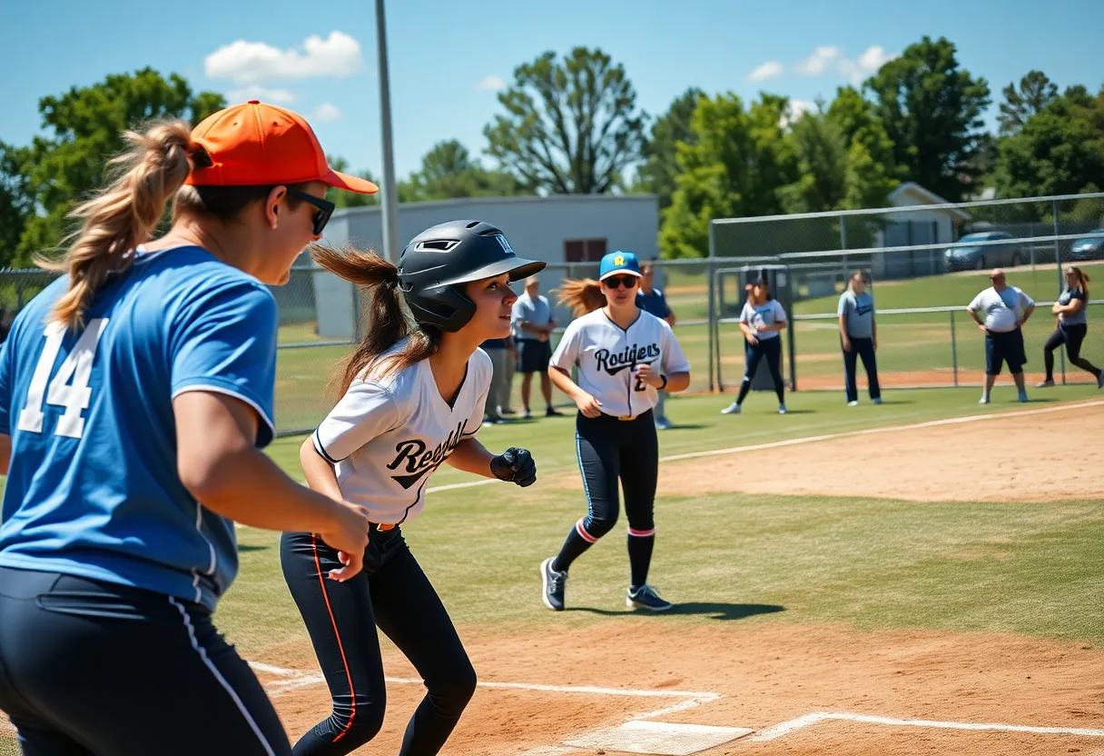 Texas softball players celebrating during a game