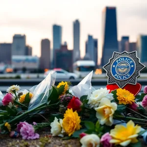 Floral tribute with police badge in front of city skyline.