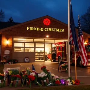 Fire station with memorial flowers and flag at half-mast