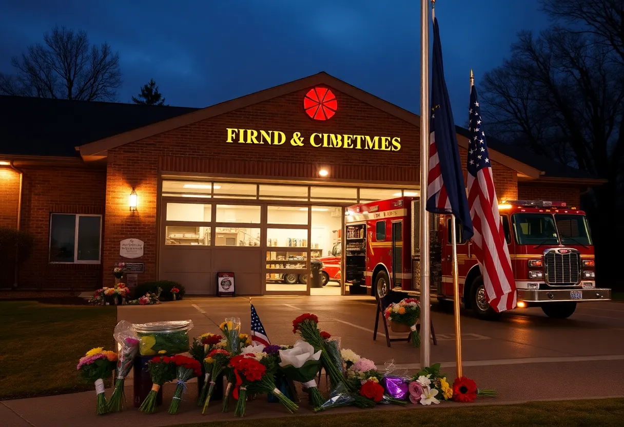 Fire station with memorial flowers and flag at half-mast