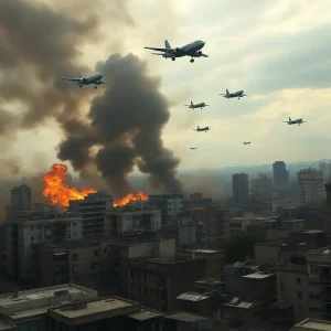 Smoke and destruction in a Ukrainian city due to aerial attacks
