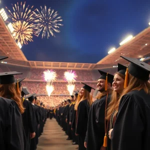 Graduates celebrating at the University of Texas commencement ceremony with fireworks in the sky.