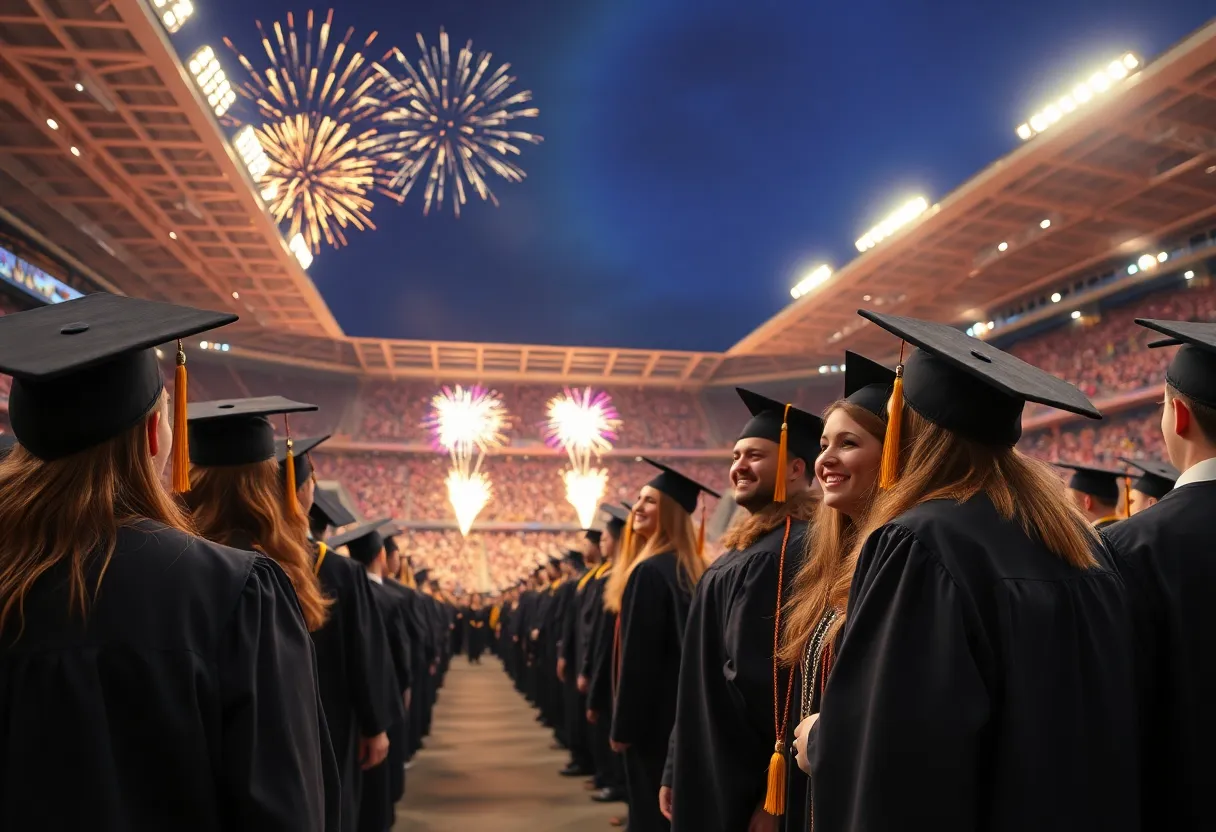 Graduates celebrating at the University of Texas commencement ceremony with fireworks in the sky.