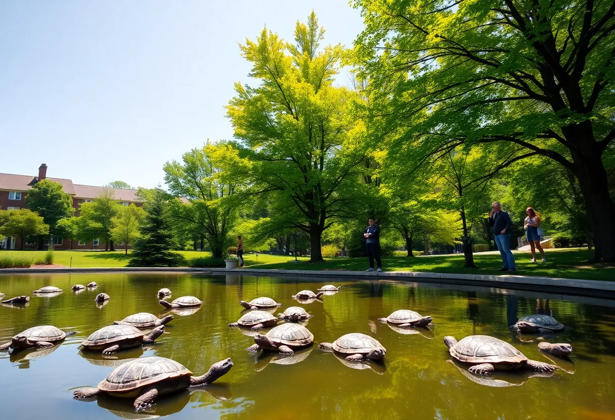 Turtle pond at University of Texas at Austin with turtles and students