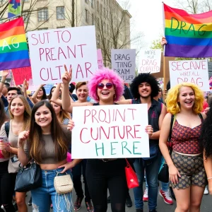 Diverse group of students and drag performers at protest