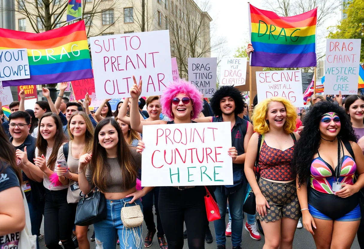 Diverse group of students and drag performers at protest
