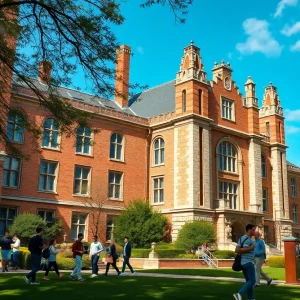 Campus view of University of Texas at Austin with students studying.