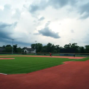Softball field during weather delay at NCAA Super Regional