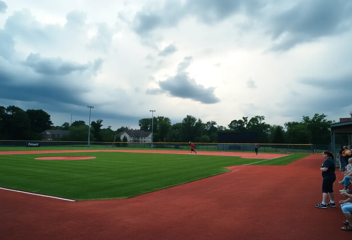 Softball field during weather delay at NCAA Super Regional