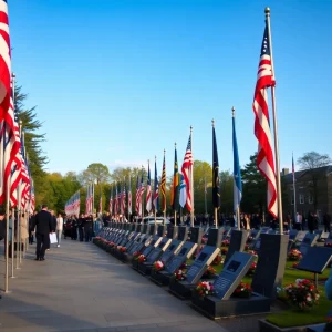 Memorial service for WWII bomber crew members with attendees and American flags.