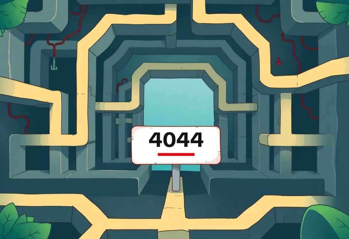 Illustration of a digital labyrinth with a 404 error sign