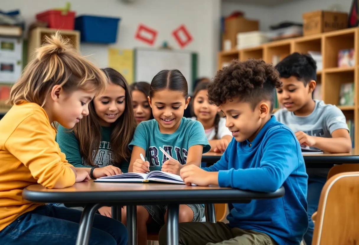 Diverse middle school students participating in a classroom activity.