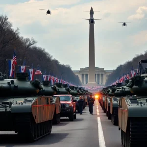 Aerial view of Army parade featuring tanks and soldiers in Washington D.C.