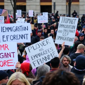Protesters and police clash during an anti-ICE demonstration in Austin