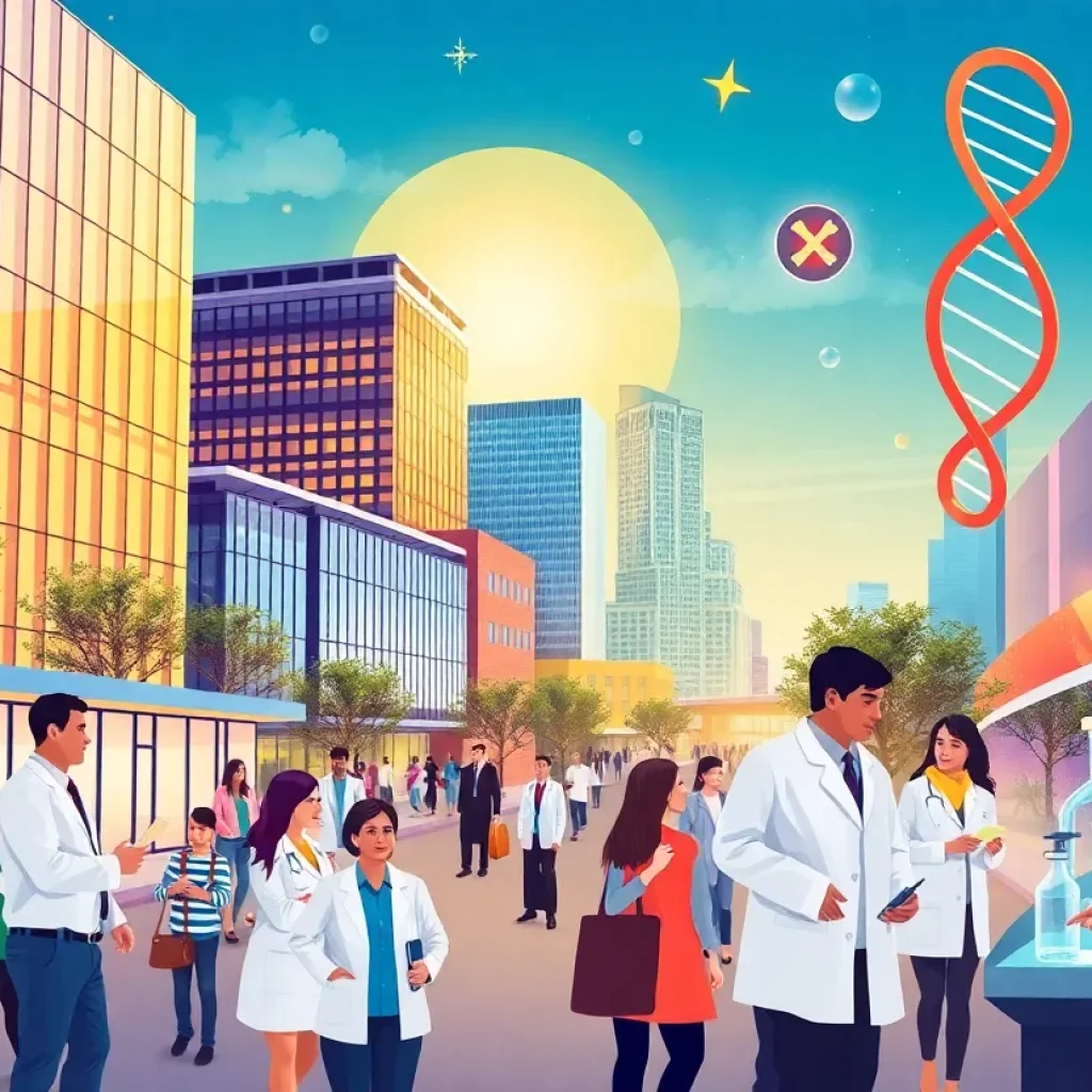 Image showcasing Austin's thriving bio and health sector with modern buildings and professionals.