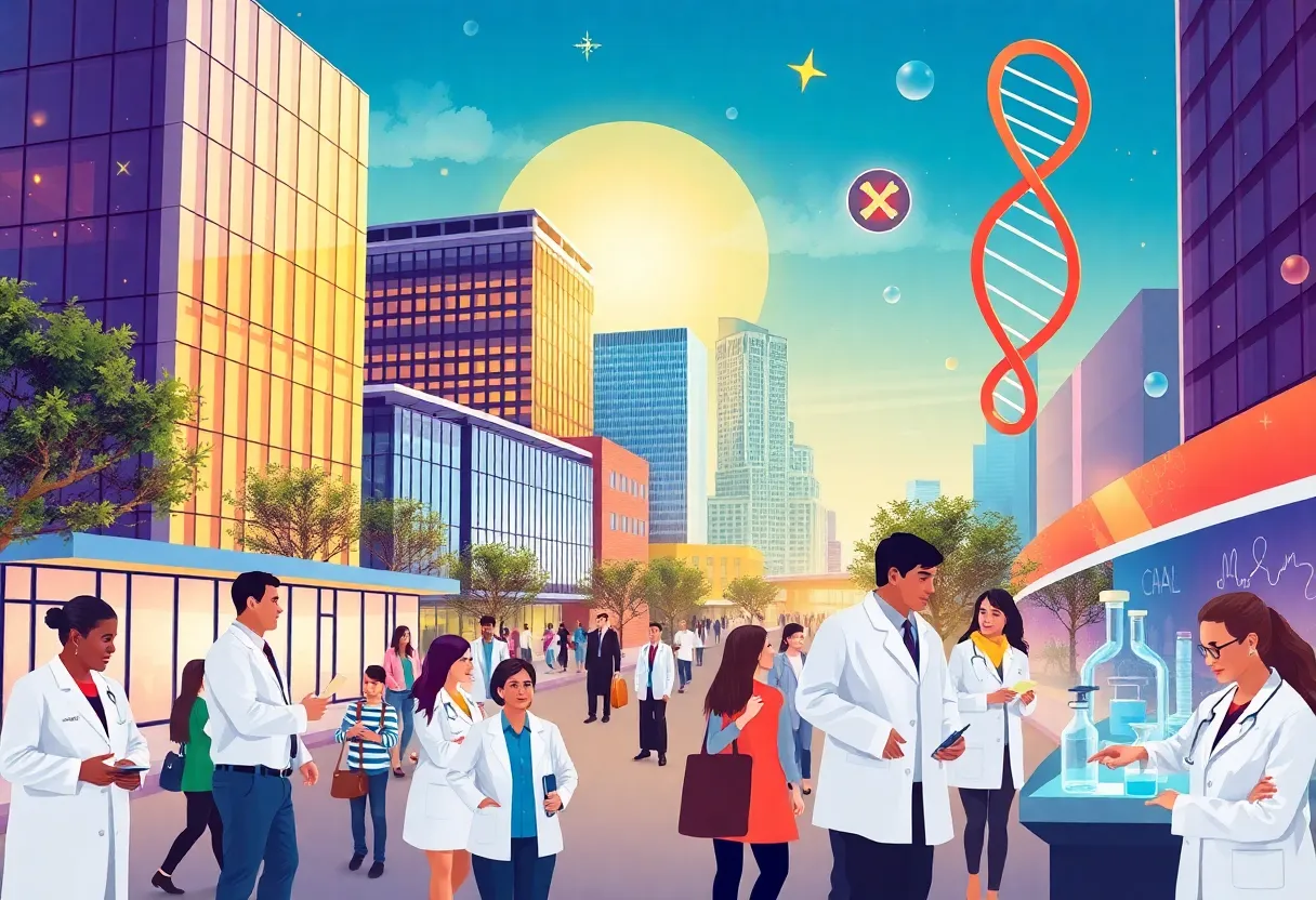 Image showcasing Austin's thriving bio and health sector with modern buildings and professionals.