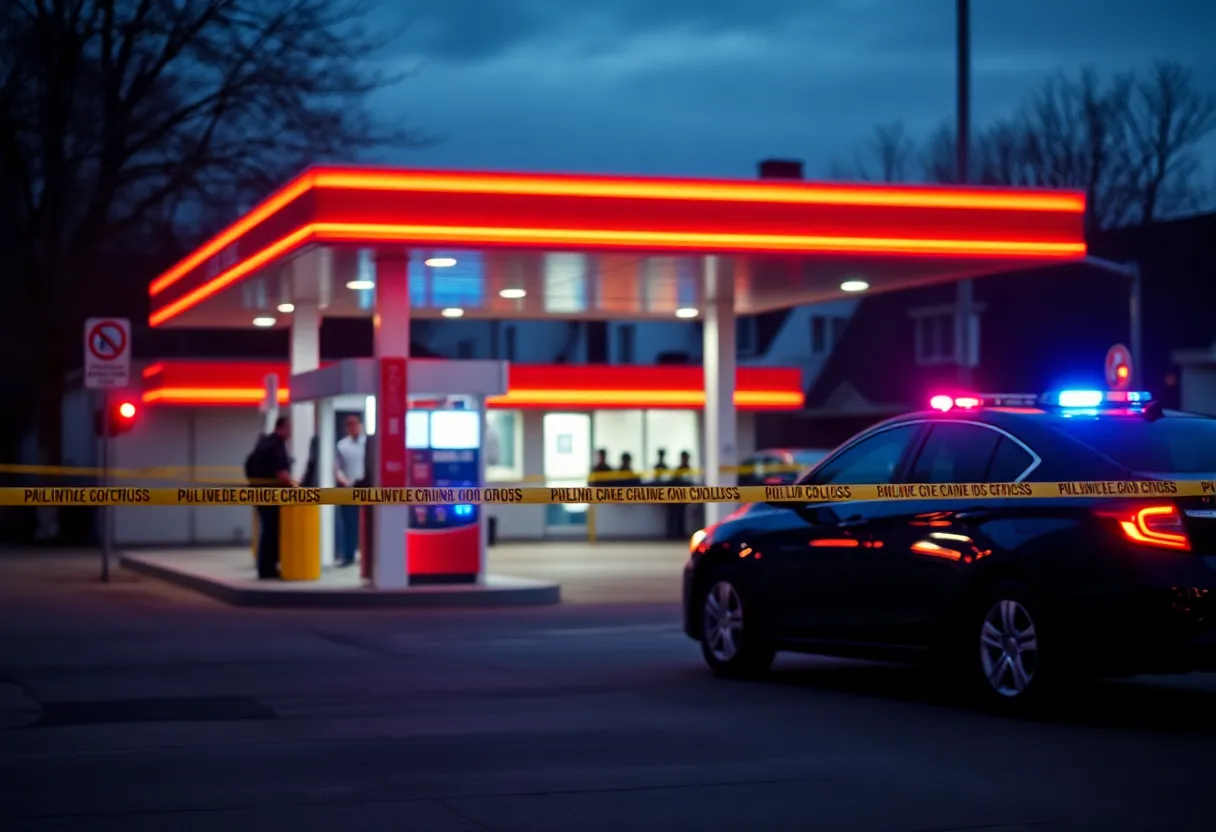 Police investigating a crime scene at a gas station in Austin