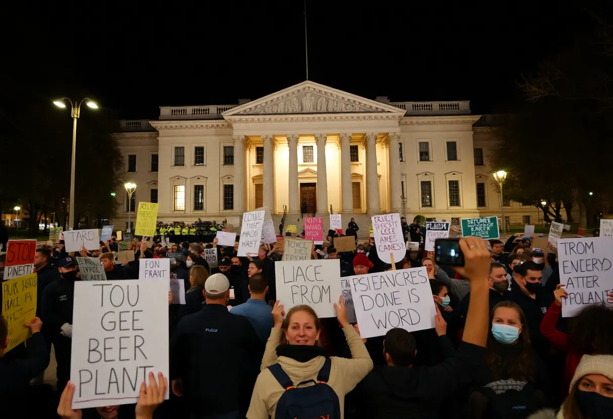 Demonstrators protesting against ICE in Austin at night.