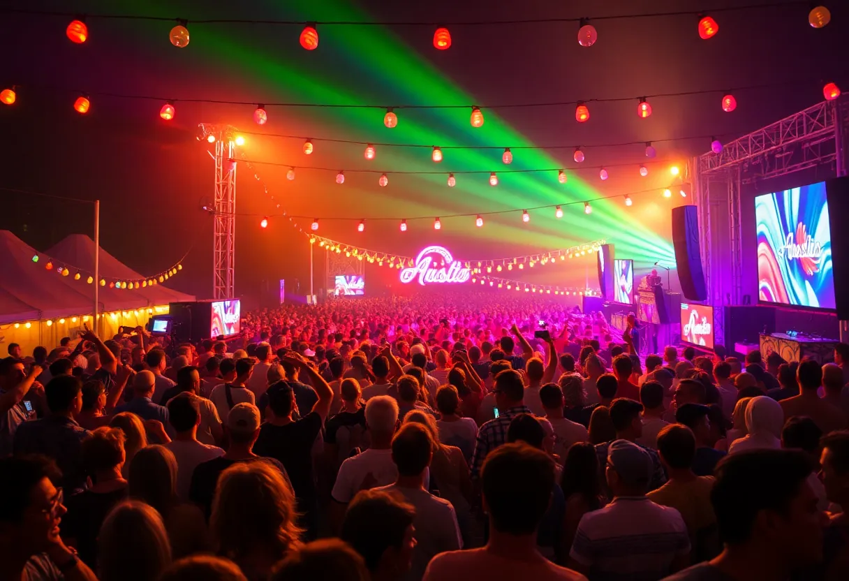 A joyous live music festival in Austin, capturing the spirit of community celebration.