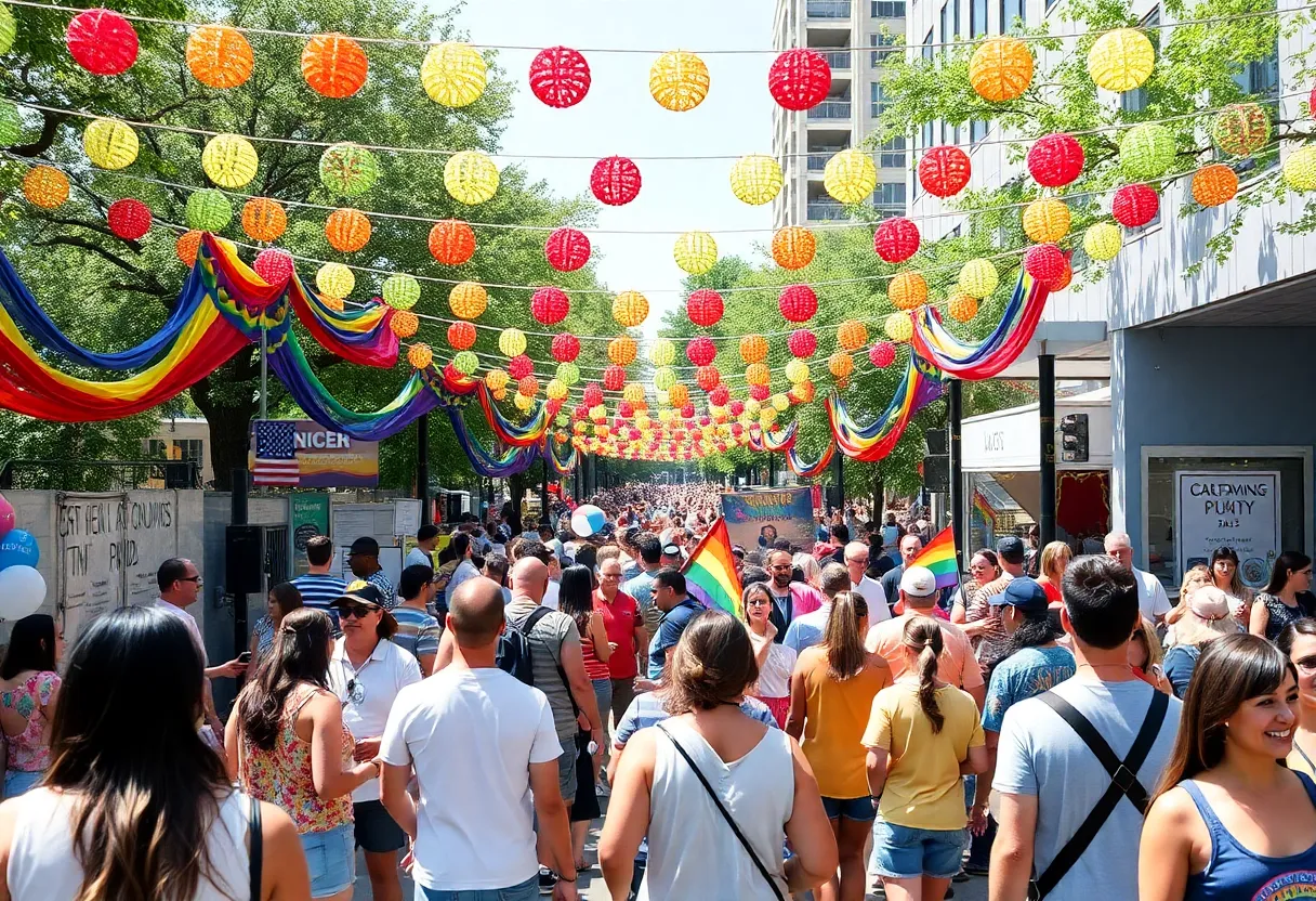 Community celebrating Pride Month in Austin with vibrant decorations and activities.