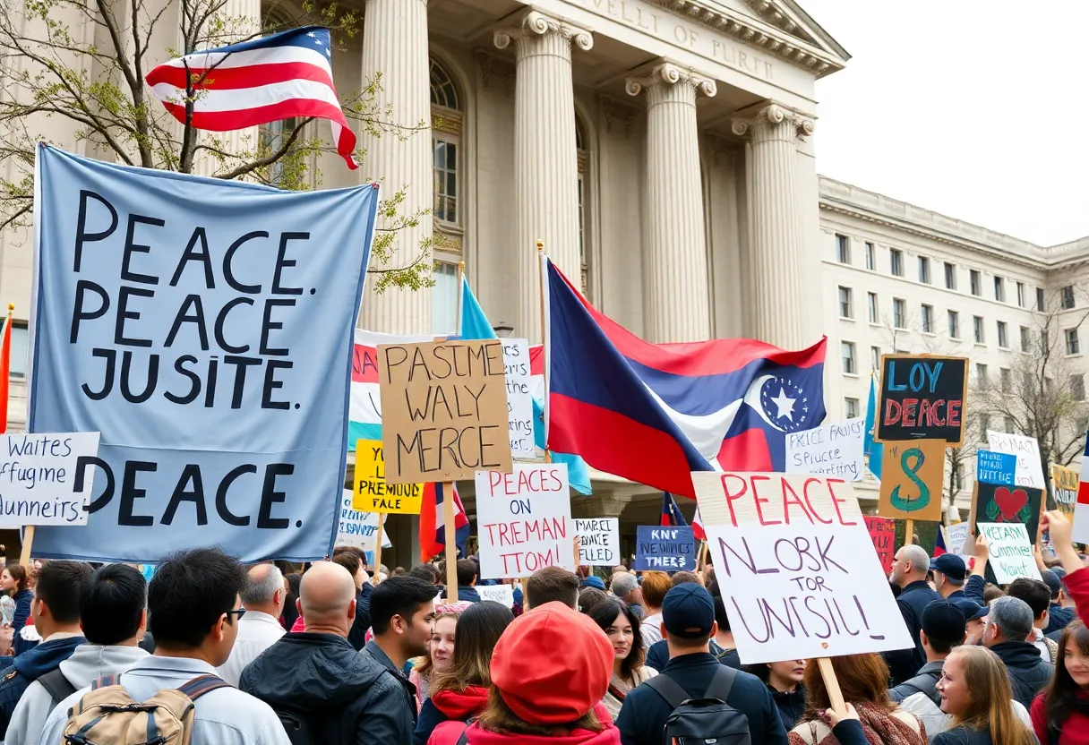Crowd at Austin protest with banners