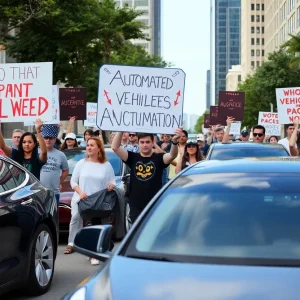 Demonstrators in Austin protesting against Tesla's robotaxi service launch.