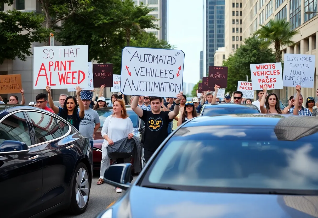 Demonstrators in Austin protesting against Tesla's robotaxi service launch.