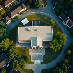 Aerial view of an empty school location with green areas.