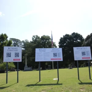 Interactive signs at Bethany Cemetery in East Austin