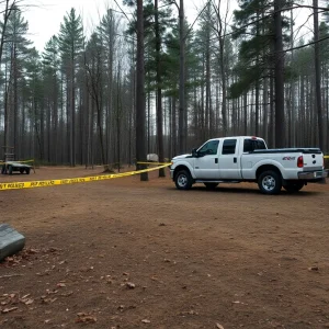 Somber campsite with abandoned truck and police tape