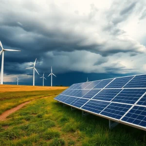 Wind turbines and solar panels under a dark stormy sky