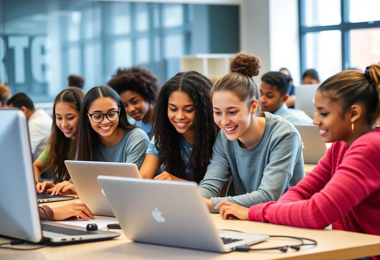 Students collaborating in a computer science classroom