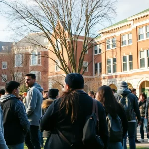 View of Columbia University campus with students walking.